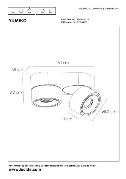 Lucide YUMIKO - Spot plafond - Ø 7,8 cm - LED Dim. - 2x10W 2700K - Blanc - TECHNISCH